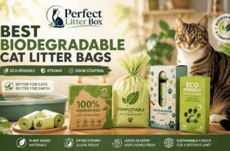 biodegradable cat litter bags displayed with litter box, scoop, and cat in a clean home setting highlighting eco-friendly waste disposal
