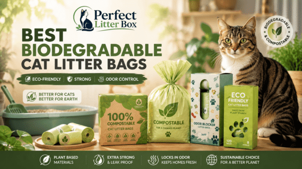 biodegradable cat litter bags displayed with litter box, scoop, and cat in a clean home setting highlighting eco-friendly waste disposal
