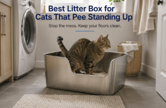 cat using high sided stainless steel litter box in clean laundry room for cats that pee standing up