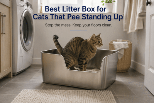 cat using high sided stainless steel litter box in clean laundry room for cats that pee standing up