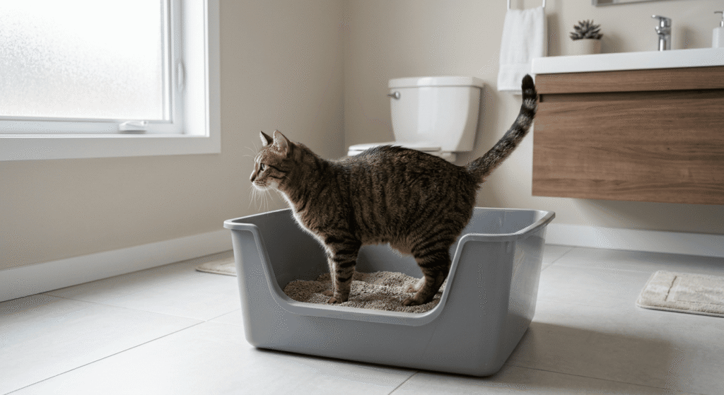 cat using small litter box showing why it is not the best litter box for cats that pee standing up