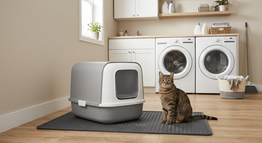 cat sitting next to covered litter box on mat in clean laundry room for spraying problem