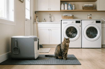 cat sitting next to covered litter box in clean laundry room setup for spraying problem