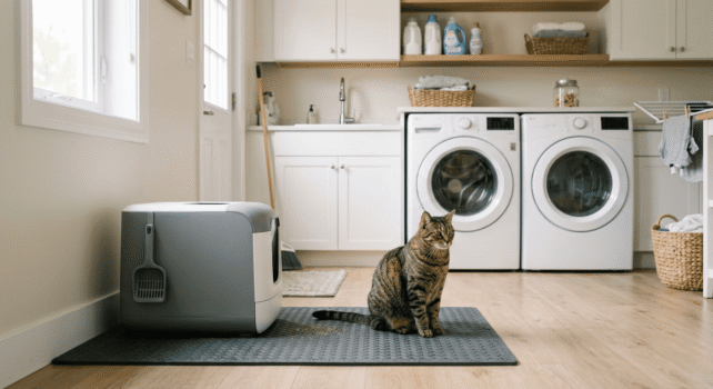 cat sitting next to covered litter box in clean laundry room setup for spraying problem