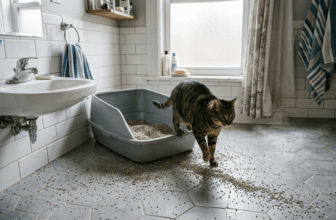 Best litter box for messy cats showing litter tracking and scatter on a bathroom floor as a cat walks away from an open high-sided litter box