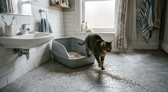 Best litter box for messy cats showing litter tracking and scatter on a bathroom floor as a cat walks away from an open high-sided litter box