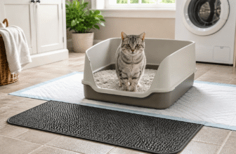 best litter box for senior cats setup with low entry litter box, cat, pee pads and mat in a clean laundry room