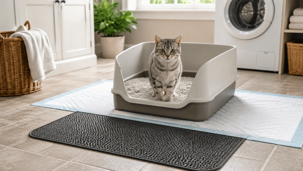 best litter box for senior cats setup with low entry litter box, cat, pee pads and mat in a clean laundry room
