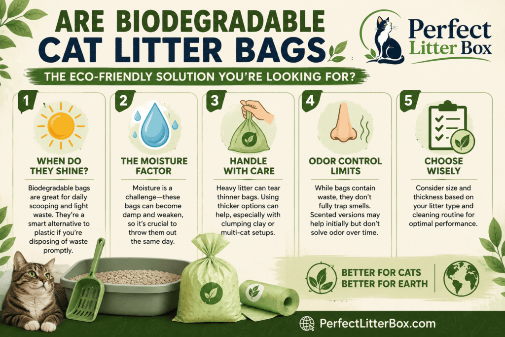 infographic explaining biodegradable cat litter bags showing when they work, moisture issues, durability limits, odor control, and how to choose the right bag