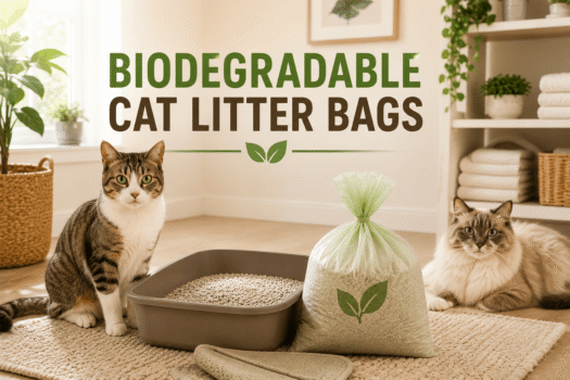 biodegradable cat litter bags next to a litter box with cats in a clean home setup