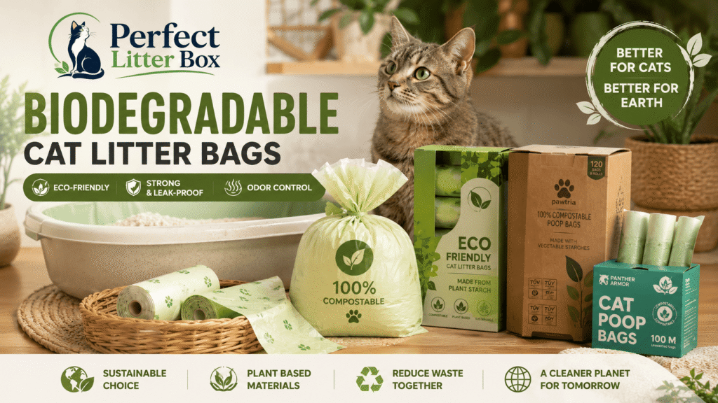 biodegradable cat litter bags with litter box, scoop, and cat in a natural home environment showing everyday litter cleanup setup