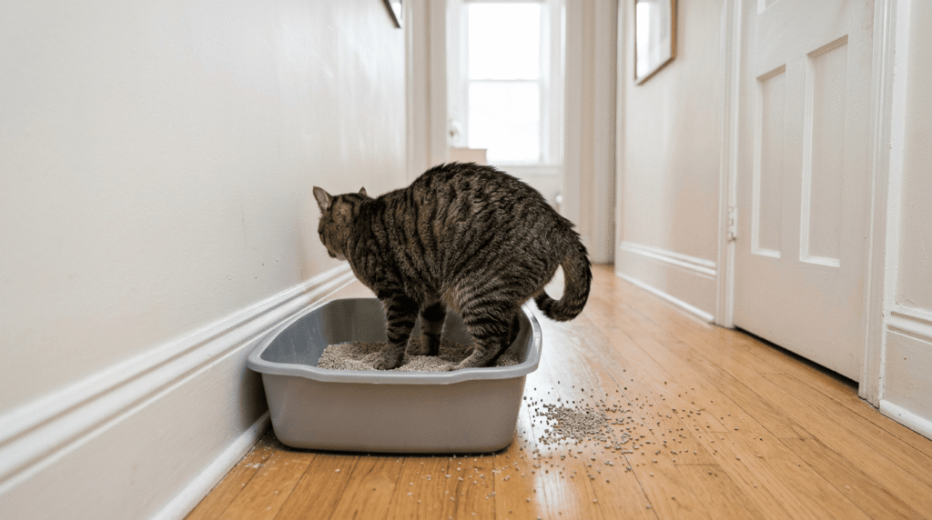 cat standing near the back edge of a litter box in a clean hallway with slight litter scatter on the floor