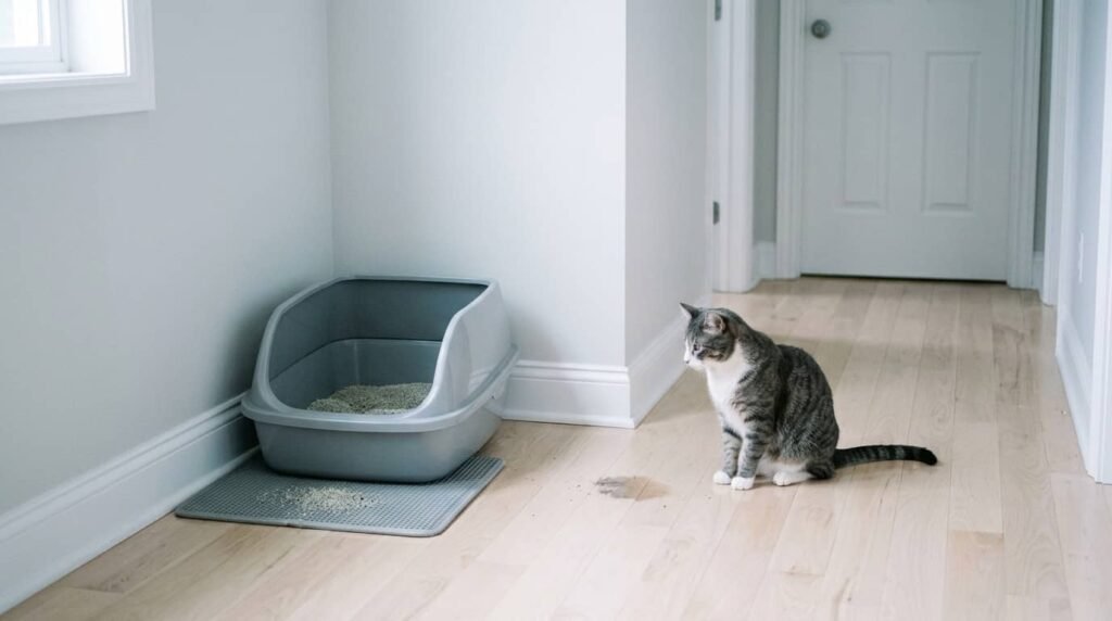 Cat sitting near a small accident outside the litter box on a clean floor