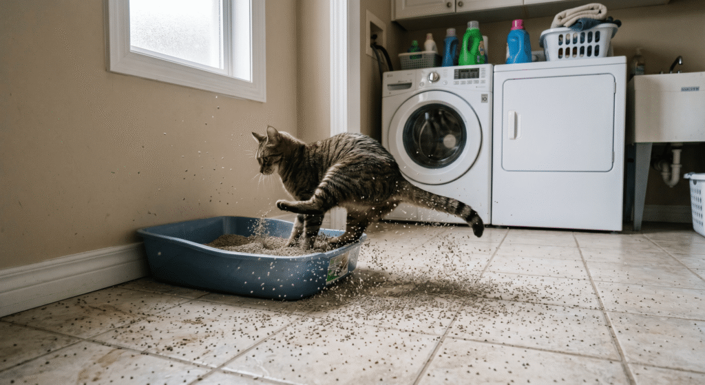 Cat kicking litter out of a low-sided litter box in a laundry room causing litter scatter on the floor