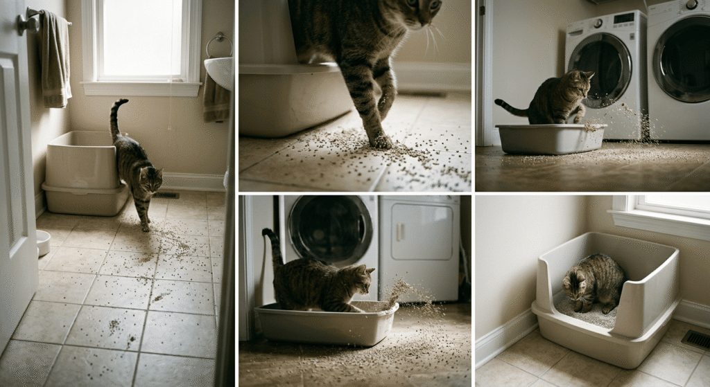 Examples of litter box problems in cats including litter tracking, kicking litter, and messy litter box behavior in a home