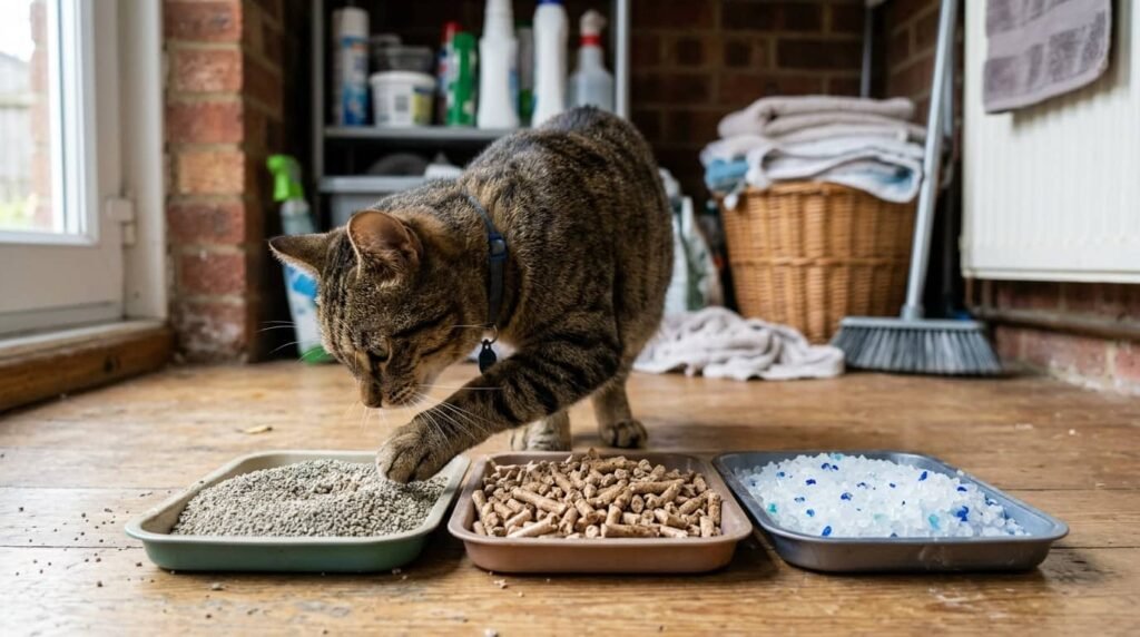 cat comparing different types of litter including clay pellets and crystal litter