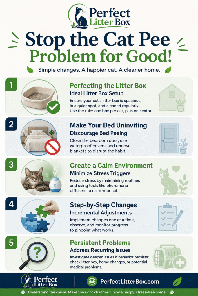 infographic showing how to stop cat peeing on bed with litter box setup and stress solutions