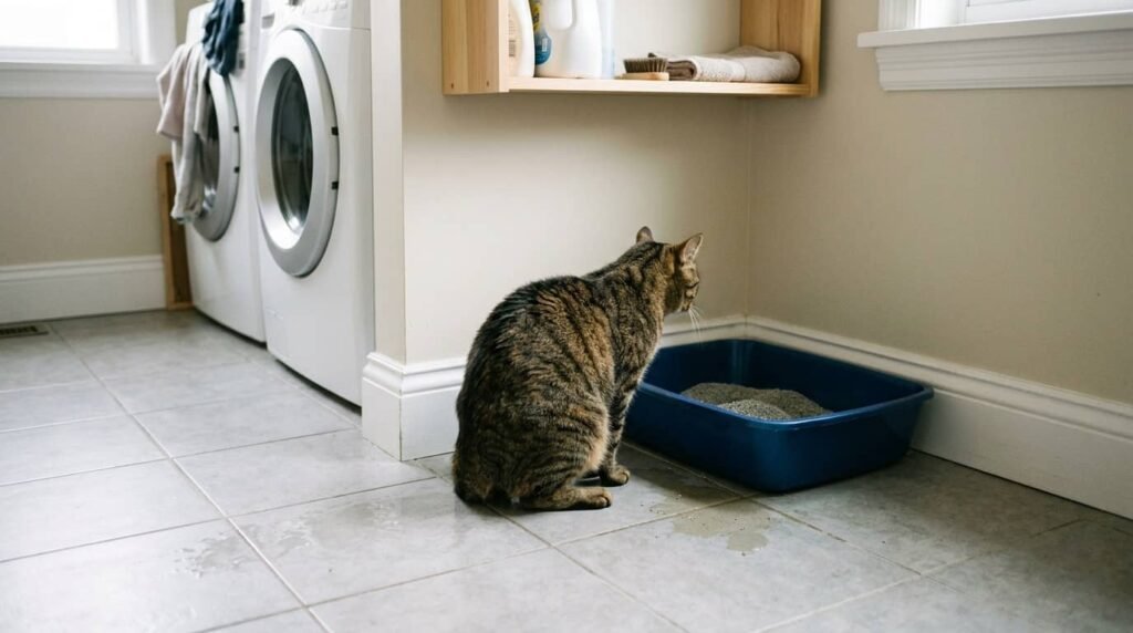 Cat peeing outside litter box on floor next to it