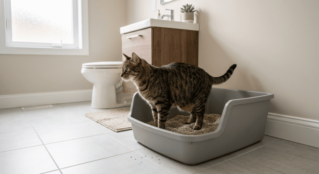 cat peeing standing up in litter box showing raised posture in clean bathroom