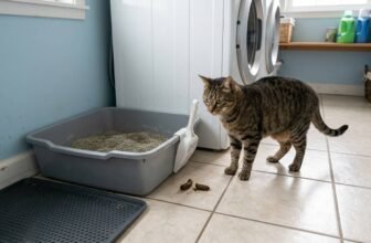cat pooping next to a litter box in a laundry room