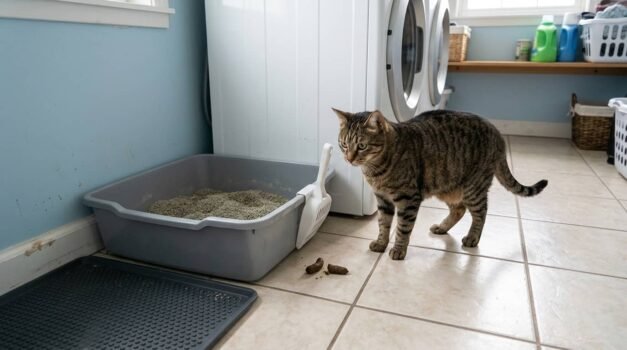 cat pooping next to a litter box in a laundry room