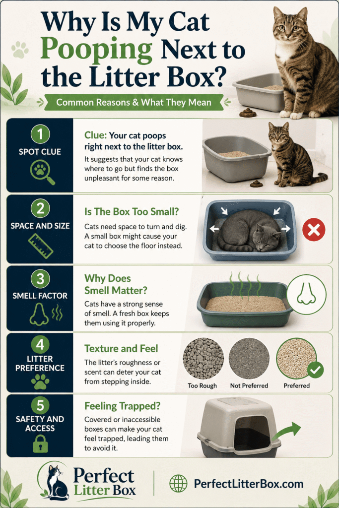 infographic explaining why a cat is pooping next to the litter box and how to fix it