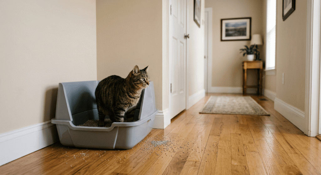 cat standing in litter box with litter scattered on floor in hallway showing spraying problem