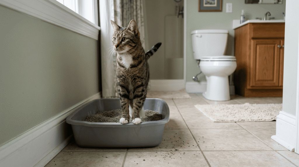 cat standing upright in a litter box in a clean bathroom instead of crouching