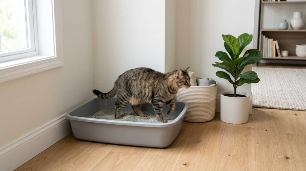 Cat using a large open litter box in a clean quiet corner