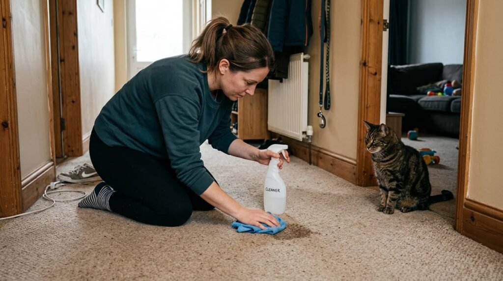 cleaning cat poop from carpet with spray cleaner while cat watches