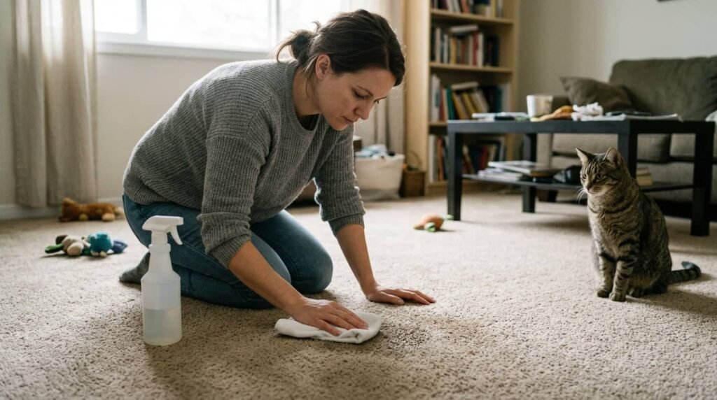 Cleaning cat urine from carpet while cat watches nearby