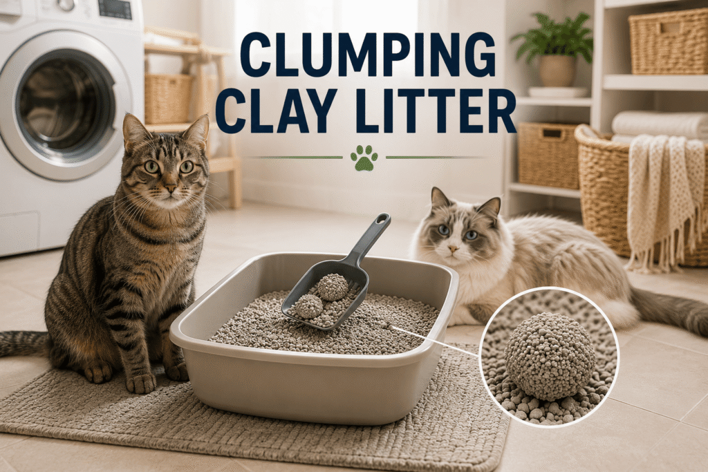 clumping clay litter in a litter box showing firm clumps with cats in a laundry room