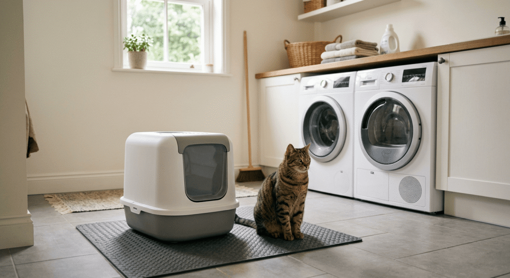 covered litter box setup in laundry room with cat sitting on mat for spray control