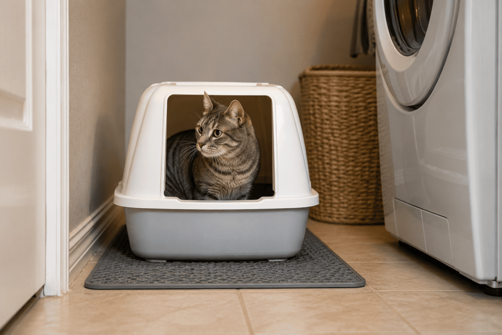 cat sitting in a covered litter box in a laundry room showing a real home setup