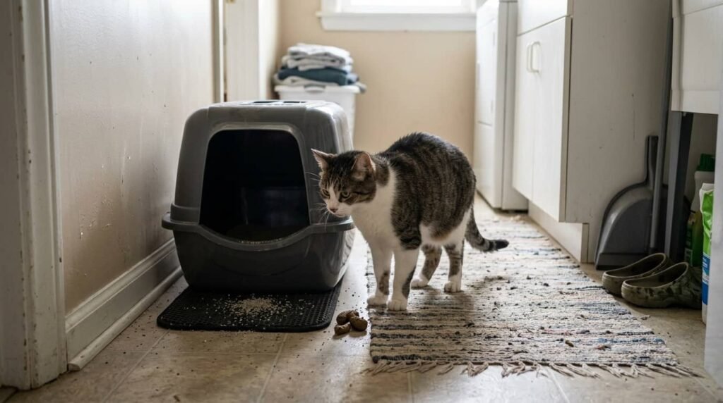 cat avoiding covered litter box and pooping next to it
