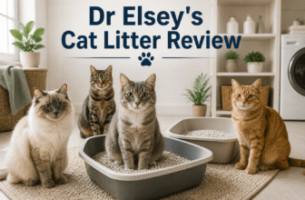 dr elseys cat litter review with multiple cats around litter boxes in a home setting