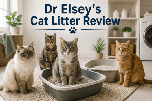 dr elseys cat litter review with multiple cats around litter boxes in a home setting