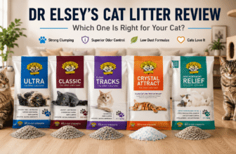Dr Elsey’s cat litter review showing Ultra, Classic, Clean Tracks, Crystal Attract, and Respiratory Relief bags with cats in a home setting