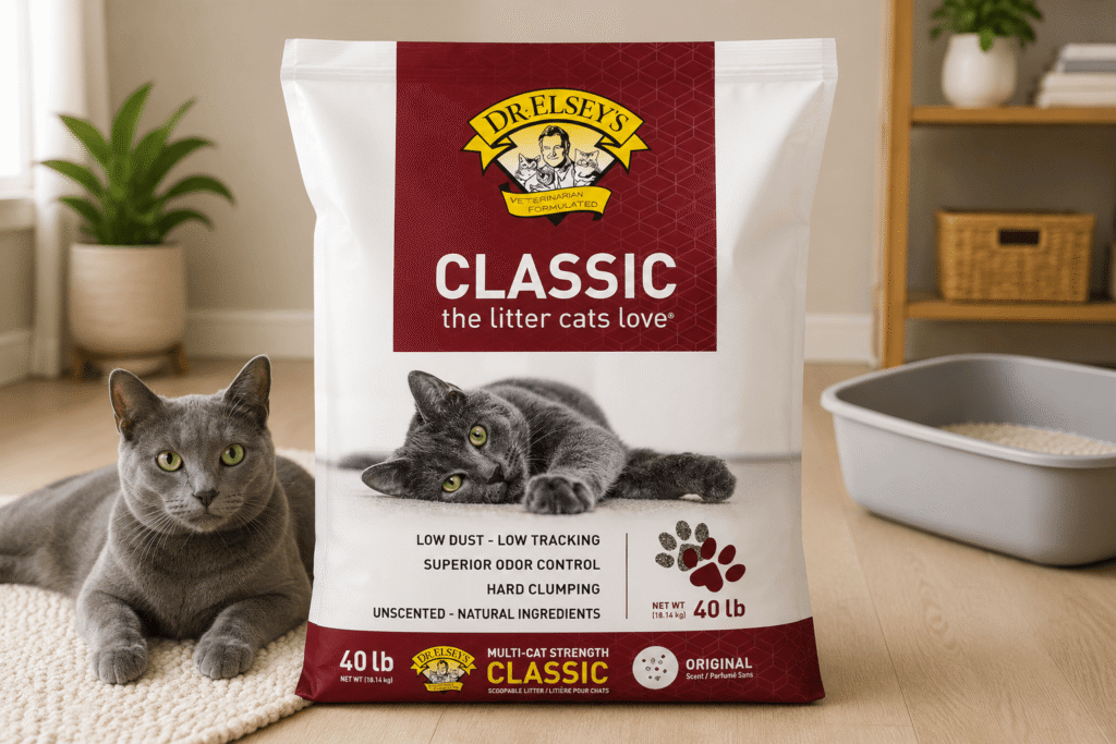 Dr Elsey’s Classic clumping cat litter bag with a cat next to a litter box in a clean home setting