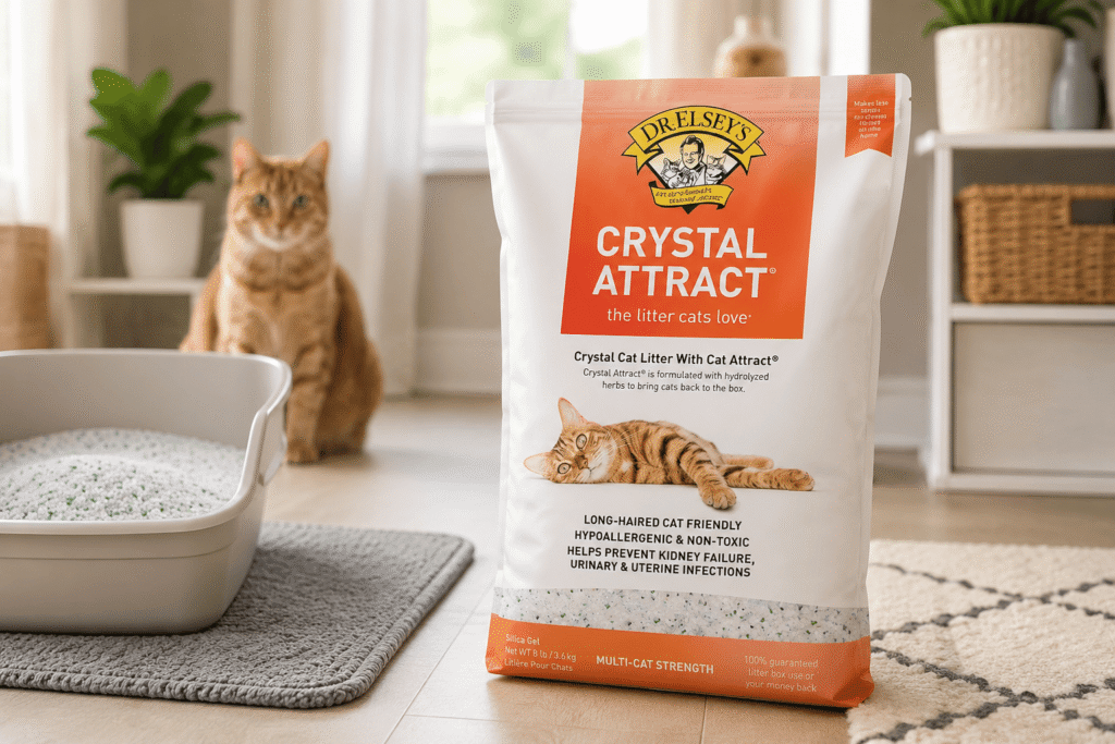 Dr Elsey’s Crystal Attract cat litter bag next to a litter box with a cat in a clean home setting