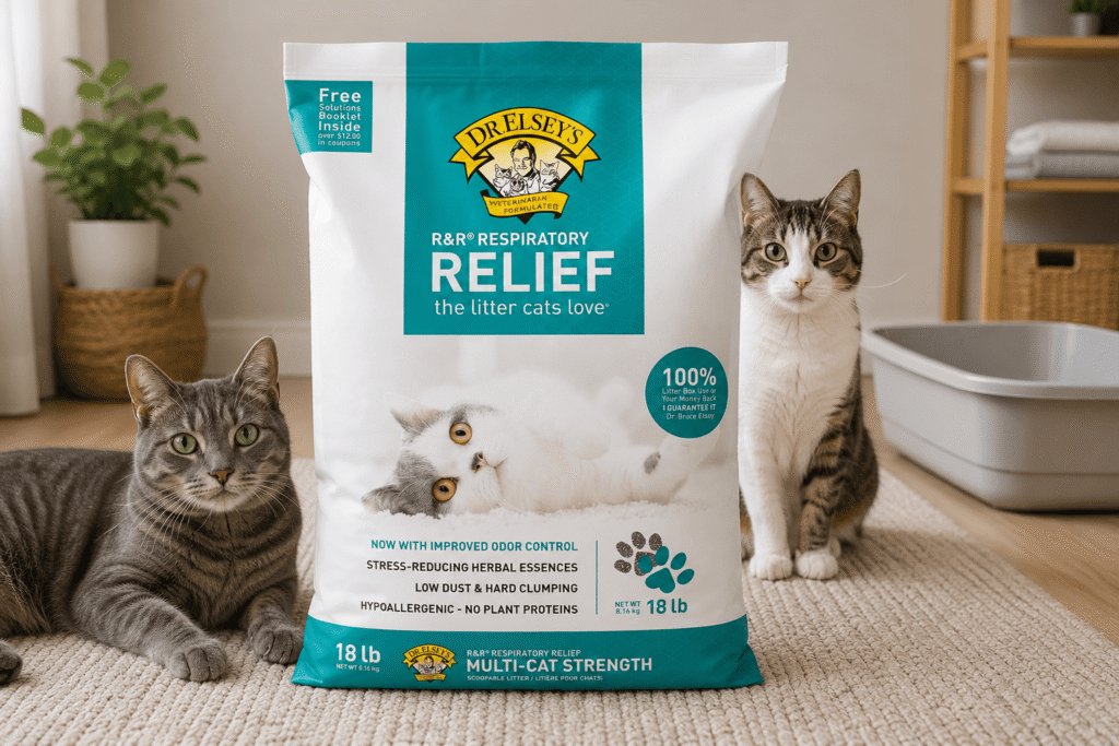Dr Elsey’s Respiratory Relief cat litter bag with two cats near a litter box in a clean home setting