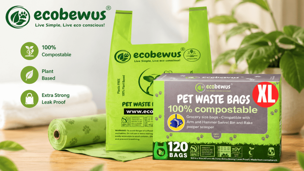 Ecobewus compostable cat litter bags XL shown on a clean background with plant decor, designed for scooping and disposing of cat litter waste