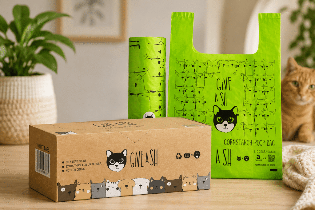 Give A Shit compostable cat litter bags with roll and handle bag shown next to packaging box and cat in background for eco-friendly litter waste disposal
