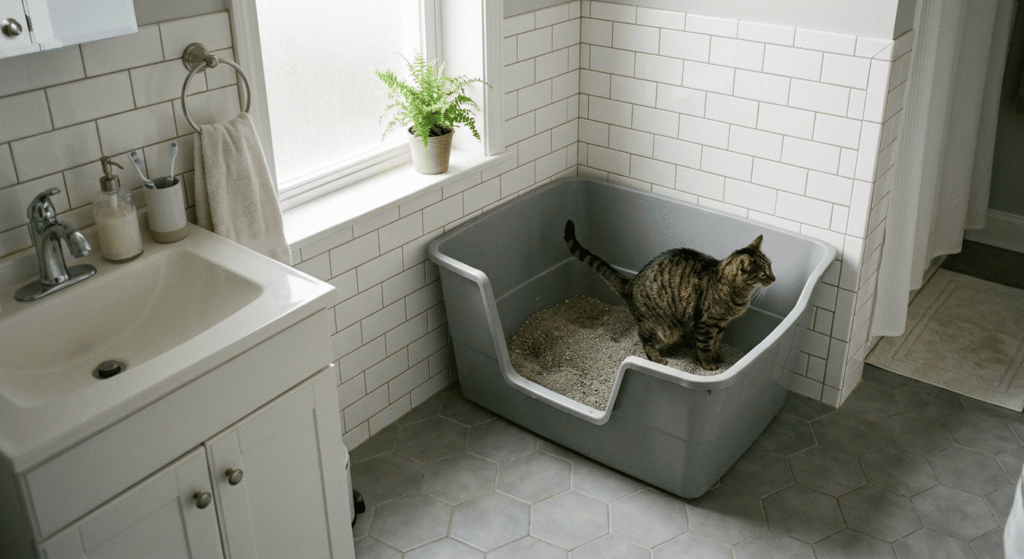 Cat using a high-sided open litter box in a bathroom to contain high urination without mess