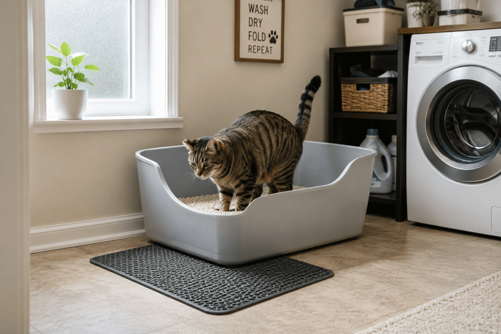 best litter box for senior cats setup with high sided litter box, pee pads and litter mat