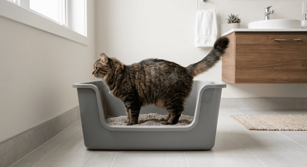 cat using high sided litter box with raised posture showing solution for cats that pee standing up