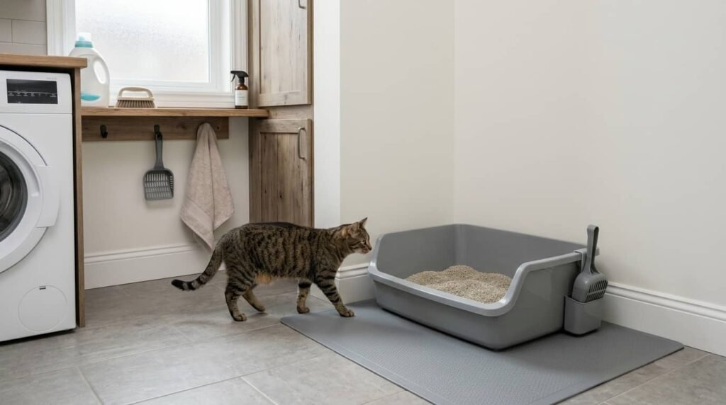 Cat approaching a clean open litter box in a quiet home setup