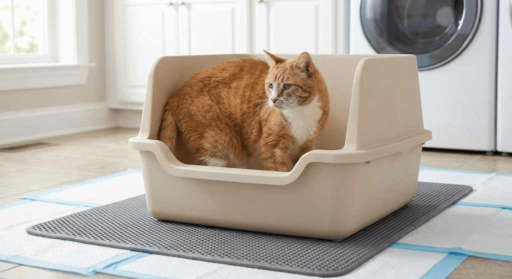 large litter box for senior cat showing turning space with mat and pee pads setup