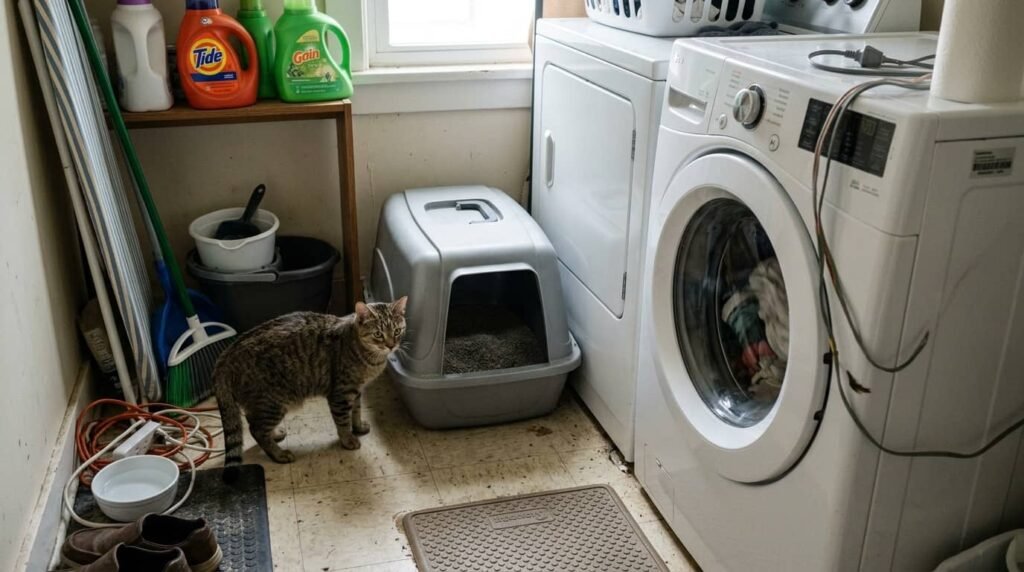 cat standing near a litter box placed next to a noisy washing machine in a cramped laundry room