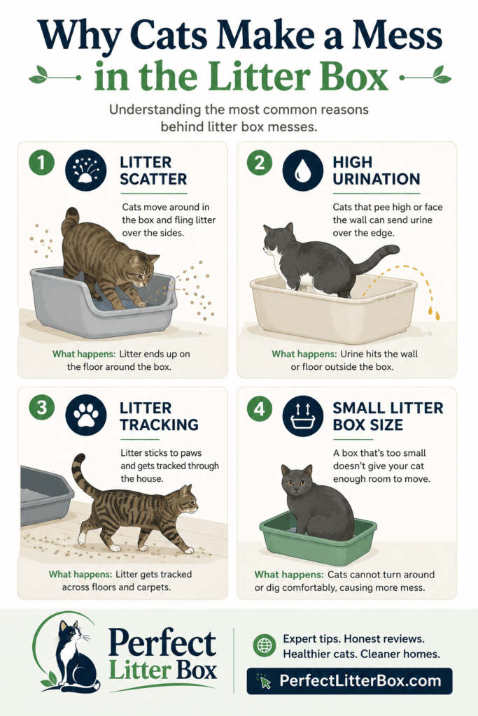 Infographic showing common litter box problems in cats including litter scatter, high urination, litter tracking, and small litter box size